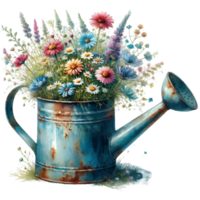 AI generated old watering can with flowers. png