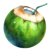 ai gegenereerd een detailopname van een vers jong kokosnoot met een blad, perfect voor gezond voedsel of drinken concepten png