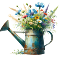 AI generated old watering can with flowers. png