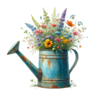 AI generated old watering can with flowers. png