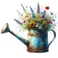 AI generated old watering can with flowers. png