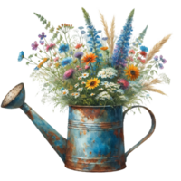 AI generated old watering can with flowers. png