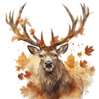 AI generated A majestic stag with antlers adorned with autumn leaves, rendered in a detailed watercolor with a focus on warm browns and golds png