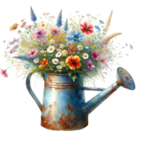 AI generated old watering can with flowers. png