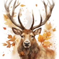 AI generated A majestic stag with antlers adorned with autumn leaves, rendered in a detailed watercolor with a focus on warm browns and golds png