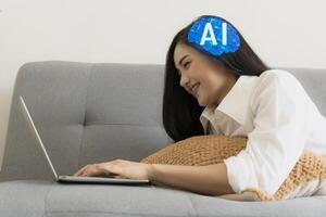 Portrait of beautiful young African American businesswoman using laptop in blurry office with double exposure of futuristic AI artificial intelligence interface. Concept of machine learning photo