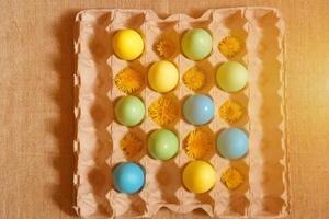 Paint eggs for Easter, bright Easter holiday, children paint eggs, colored eggs in a basket, colored eggs on a stand, Holiday background photo