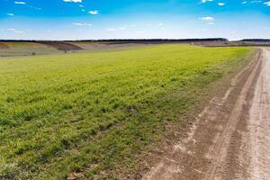 spring grass field and mountains, beautiful background, green grass, beautiful sky over the field photo