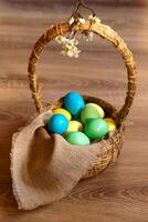 Paint eggs for Easter, bright Easter holiday, children paint eggs, colored eggs in a basket, colored eggs on a stand, Holiday background photo