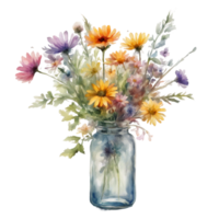 ai genererad en enkel glas flaska fylld med färgrik vildblommor, återges i mjuk vattenfärger. png