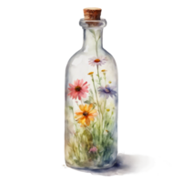 ai gegenereerd een gemakkelijk glas fles gevulde met kleurrijk wilde bloemen, weergegeven in zacht aquarellen. png