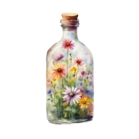 ai gerado uma simples vidro garrafa preenchidas com colorida flores silvestres, rendido dentro suave aquarelas. png