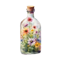 ai genererad en enkel glas flaska fylld med färgrik vildblommor, återges i mjuk vattenfärger. png