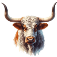 AI generated Highland cow with long horns grazes in a meadow png