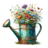 AI generated old watering can with flowers. png