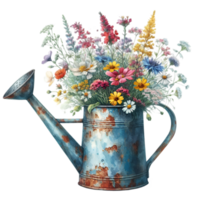 AI generated old watering can with flowers. png