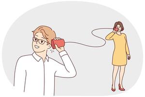 Man and woman are talking using homemade phone made from rope and cups. Vector image