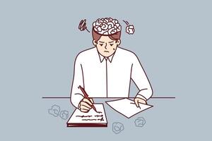 Man writer writes story for own book, sits at table with crumpled papers instead of brain vector