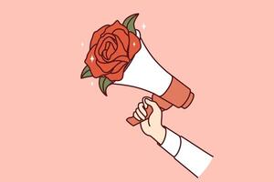 Megaphone with flowers in hands of man, metaphor for peaceful protest and call for pacifism vector