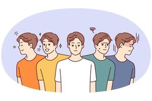 Identical men with positive and negative emotions look in different directions. Vector image