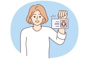 Positive woman shows badge with photo issued for use in office of corporation. Vector image