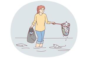 Sad woman cleans ocean of plastic garbage by pulling out bottles using scoop-net. Vector image