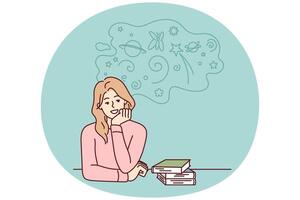 Woman sitting at table with books resting chin on hand procrastinates and dreams. Vector image