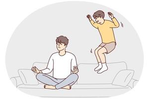 Restrained man sits cross-legged doing yoga ignoring younger brother jumping on sofa. Vector image