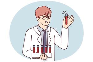 Young man scientist in white coat holds test tubes with blood samples for experiments. Vector image