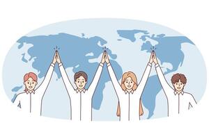 Friendly team of international company is standing near world map with their hands up. Vector image