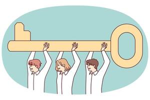 Team workers raises huge key above their heads, symbolizing joint solution of problem. Vector image