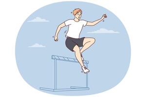 Male athlete running up jumps over barrier during important competition. Vector image