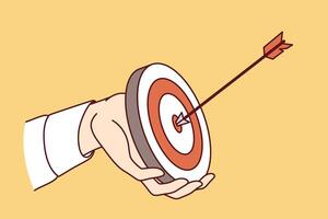 Hand purposeful business man holding dartboard with arrow hitting target, for concept career success vector