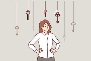 Business woman makes choice from dangling keys symbolizing different ways of solving problems vector