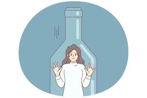 Depressed woman standing inside transparent bottle cant get out due to alcohol abuse. Vector image