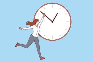 Woman manager is trying to be productive, holding back hand of big clock to get work done on time vector