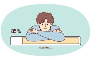 Bored man leaning on progress line loading waiting to download movie from internet. Vector image