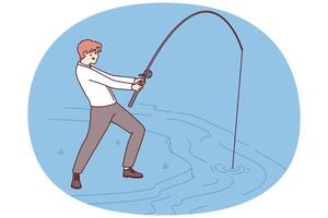 Businessman with fishing rod fishing in river for concept of striving to achieve set goals vector