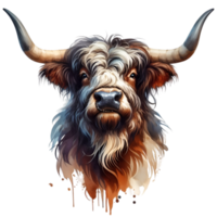 AI generated Highland cow with long horns grazes in a meadow png