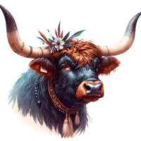 AI generated Highland cow with long horns grazes in a meadow png