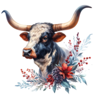 AI generated Highland cow with long horns grazes in a meadow png