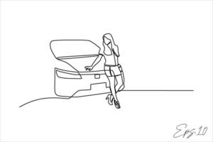 continuous line vector illustration design of a person posing in front of a car