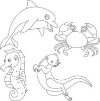 Aquatic Animals Clipart Set. Sea Animals of seahorse, otter , dolphin, crab vector