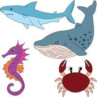 Aquatic Animals Clipart Set. seahorse, shark, whale, crab vector