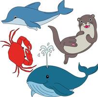 Aquatic Animals Clipart Set. Whale, Dolphin, Otter, Crab vector