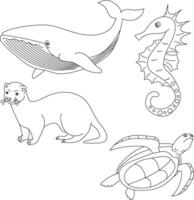 Aquatic Animals Clipart Set. Sea Animals of otter, sea turtle, whale, seahorse vector
