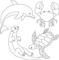 Aquatic Animals Clipart Set. Sea Animals of otter, sea turtle, crab, dolphin vector