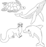 Aquatic Animals Clipart Set. Sea Animals of otter, sea turtle, whale, dolphin vector