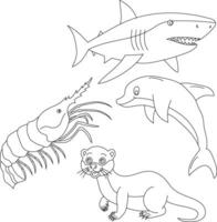 Aquatic Animals Clipart Set. Sea Animals of shark, otter, dolphin, shrimp vector