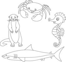 Aquatic Animals Clipart Set. Sea Animals of seahorse, shark, otter, crab vector
